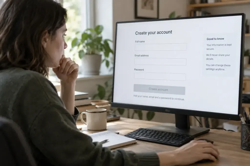A web designer reviewing an incomplete online form on a monitor.