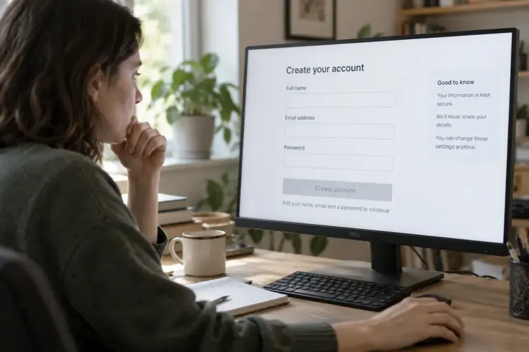 A web designer reviewing an incomplete online form on a monitor.