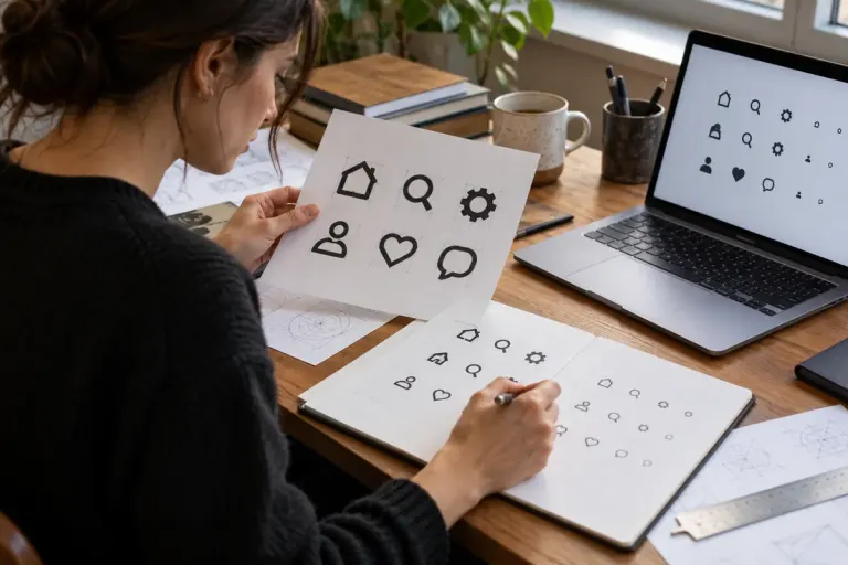 A designer comparing simple geometric icon sketches at large and tiny sizes on a desk.