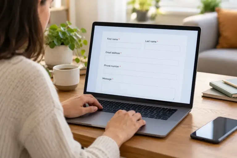 Laptop with a clean simple form and visible required markers.