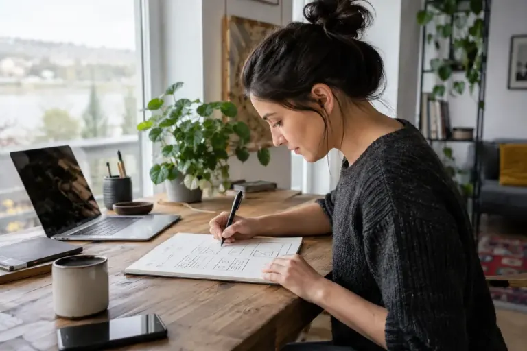 A web designer sketching a search results interface on paper with text intentionally illegible.
