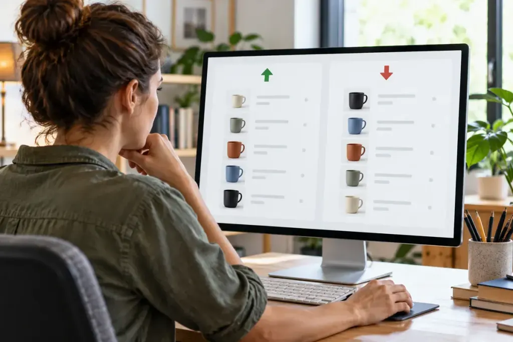 A web designer comparing abstract ascending and descending product lists on a monitor.