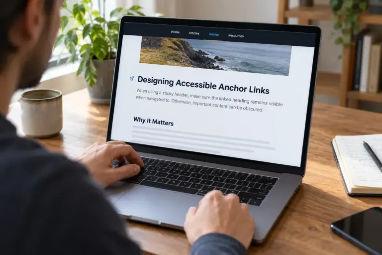 A web designer testing an anchored heading below a fixed navigation bar on a laptop.