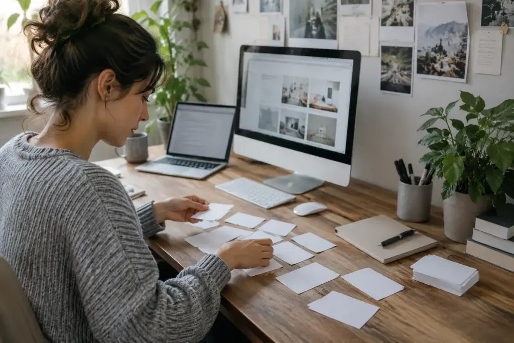 A web designer sorting plain customer question cards at a desktop workstation.