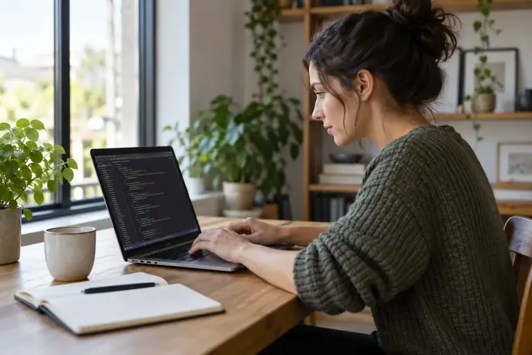 A web editor working with code on a laptop.