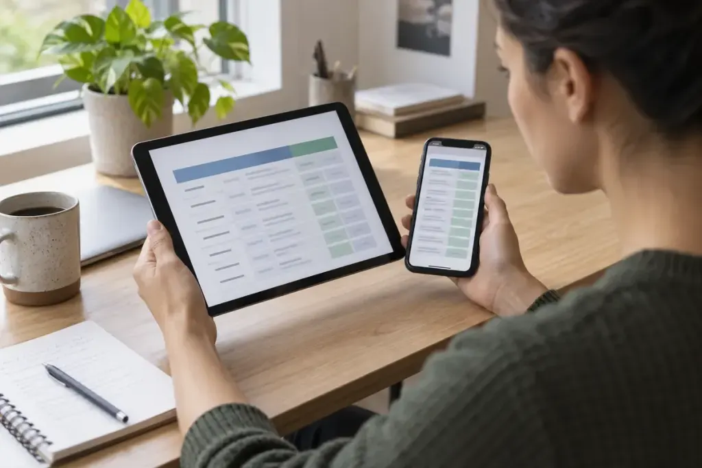 A web designer comparing a tablet and smartphone showing simple abstract table layouts.