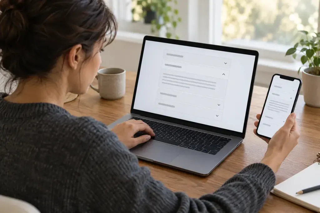 A designer testing an unbranded accordion interface on a laptop and mobile phone.