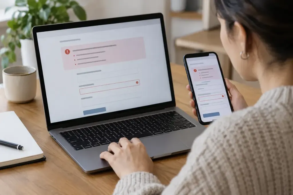 A designer testing a form error summary on a laptop and mobile phone.