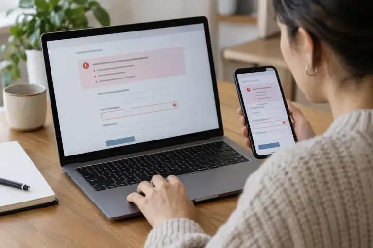 A designer testing a form error summary on a laptop and mobile phone.
