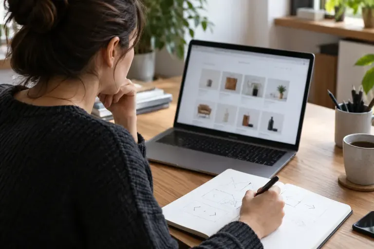 A web designer checking a product results grid on a laptop with a notebook of navigation arrows, softly blurred screen without readable text, realistic desk photo.