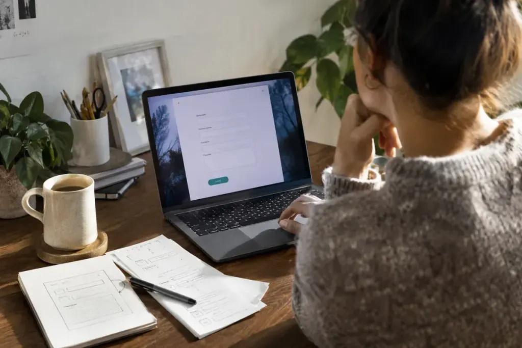 Designer reviewing a simple contact form prototype on a laptop, paper sketches of field labels nearby.