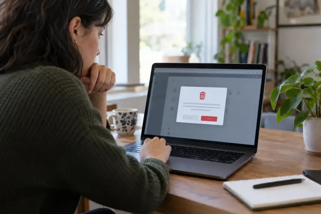 Web designer reviewing a fictional confirmation dialog on laptop.