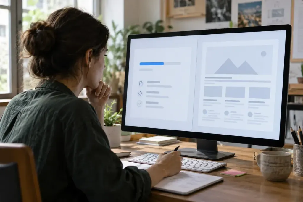 A website designer comparing a progress bar and a placeholder layout on a desktop screen.
