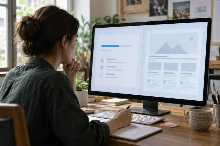 A website designer comparing a progress bar and a placeholder layout on a desktop screen.