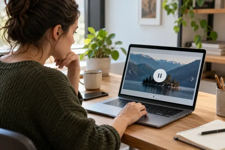 A designer checking a carousel pause control on a laptop.