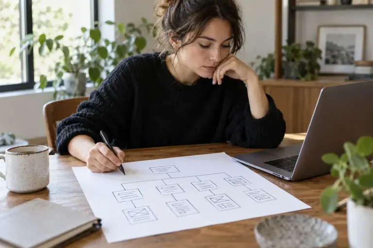 A designer reviewing a website navigation hierarchy sketched on paper beside a laptop.