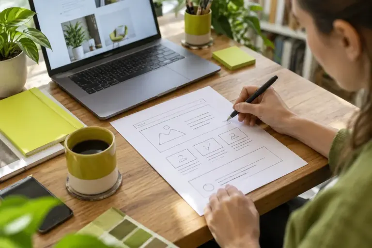 A designer sketching a service-page layout beside a laptop.