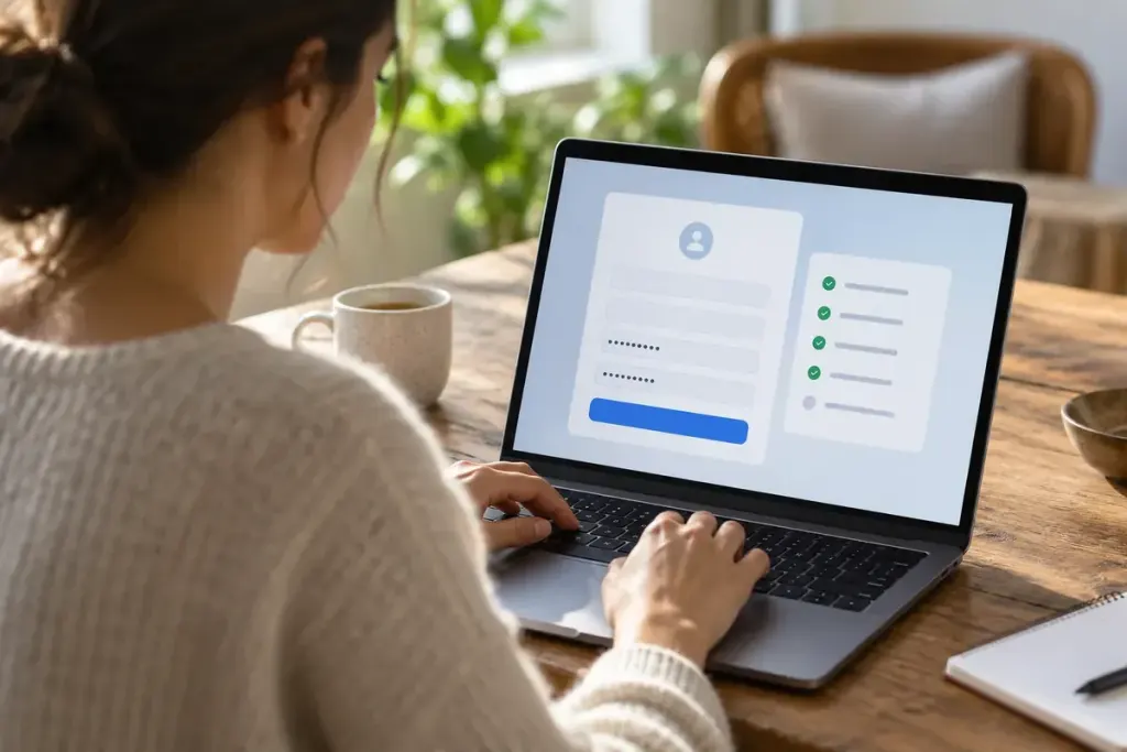 Simple account creation form on a laptop with a short requirements panel and no legible passwords.