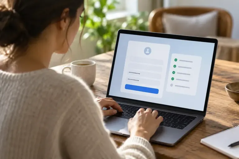 Simple account creation form on a laptop with a short requirements panel and no legible passwords.