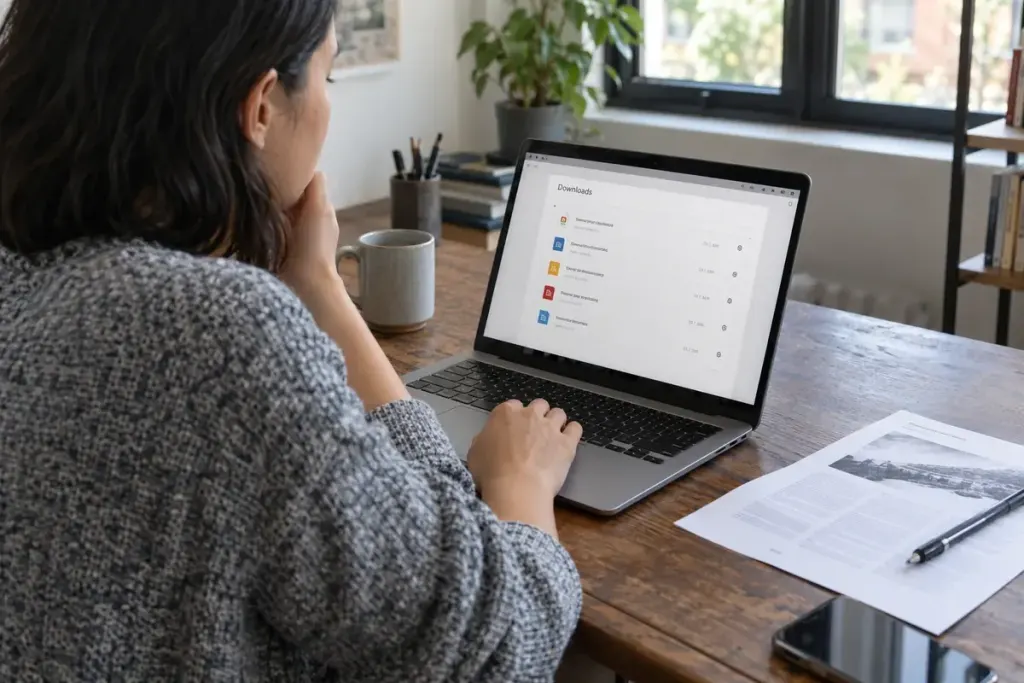 A web designer reviewing a document download list on a laptop beside a printed pdf.