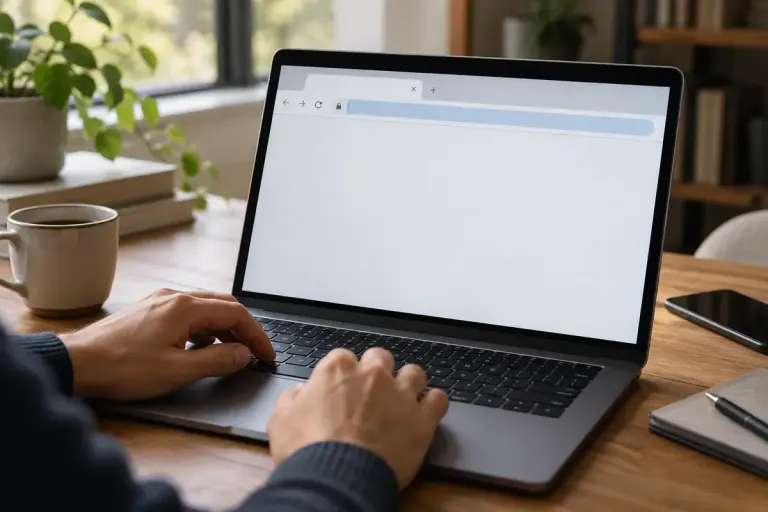 A person uses a laptop with a browser window open.
