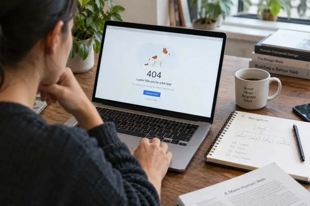 Web designer reviewing a clean friendly generic page-not-found screen on a laptop, notebook with navigation sketch beside it.