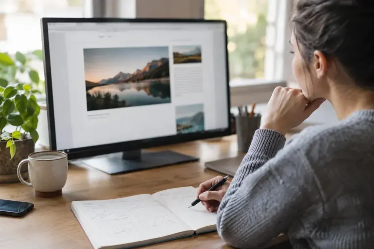 A website designer reviewing an image and its accompanying text.