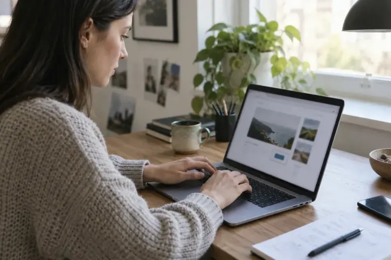 Web designer navigating a laptop using only keyboard, blurred webpage with visible focus outline, hands away from trackpad.